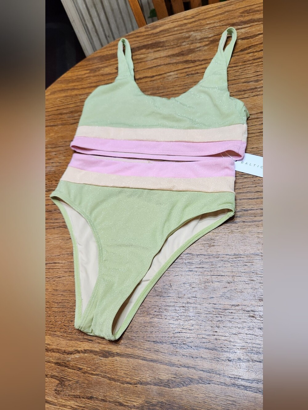 Beach Joy I Two-Piece Mint & Pink Stripe Swim Set Top Med Bottom Small NEW